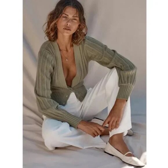 Aritzia Wilfred Merino Wool Plunge Front Cardigan Cropped V-Neck Ribbed Sweater - Picture 12 of 14